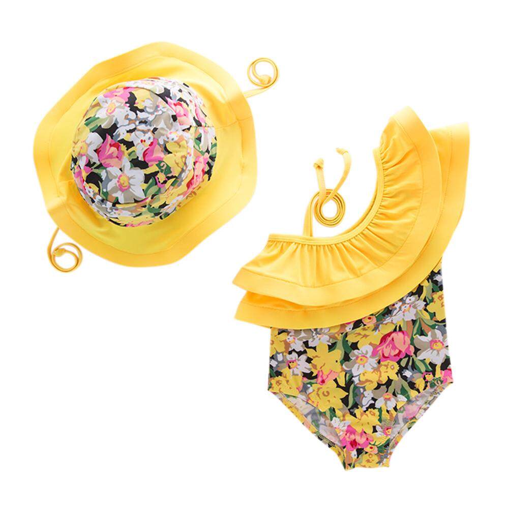 Kidlove 2 Pcs/set Anak-anak Gadis Lucu Kartun Pola Bunga Baju Renang Satu Kepingan Baju Renang + Topi 1-5Y-Internasional