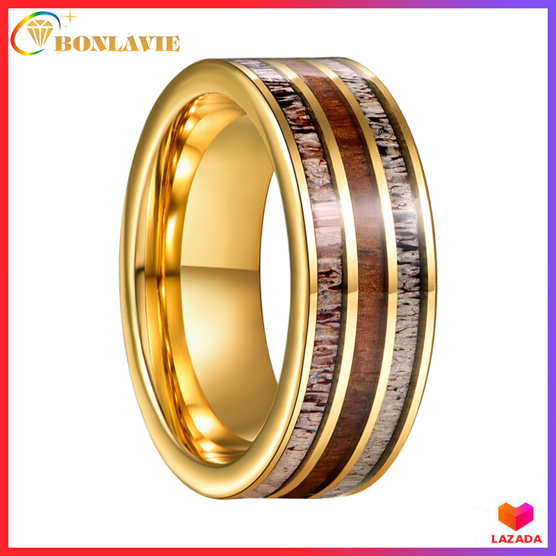 BONLAVIE 8mm Gold Tungsten Carbide Ring Three Grooved Parts Inlay with beautiful antler Pattern and Koa Wood Engagement Wedding Ring