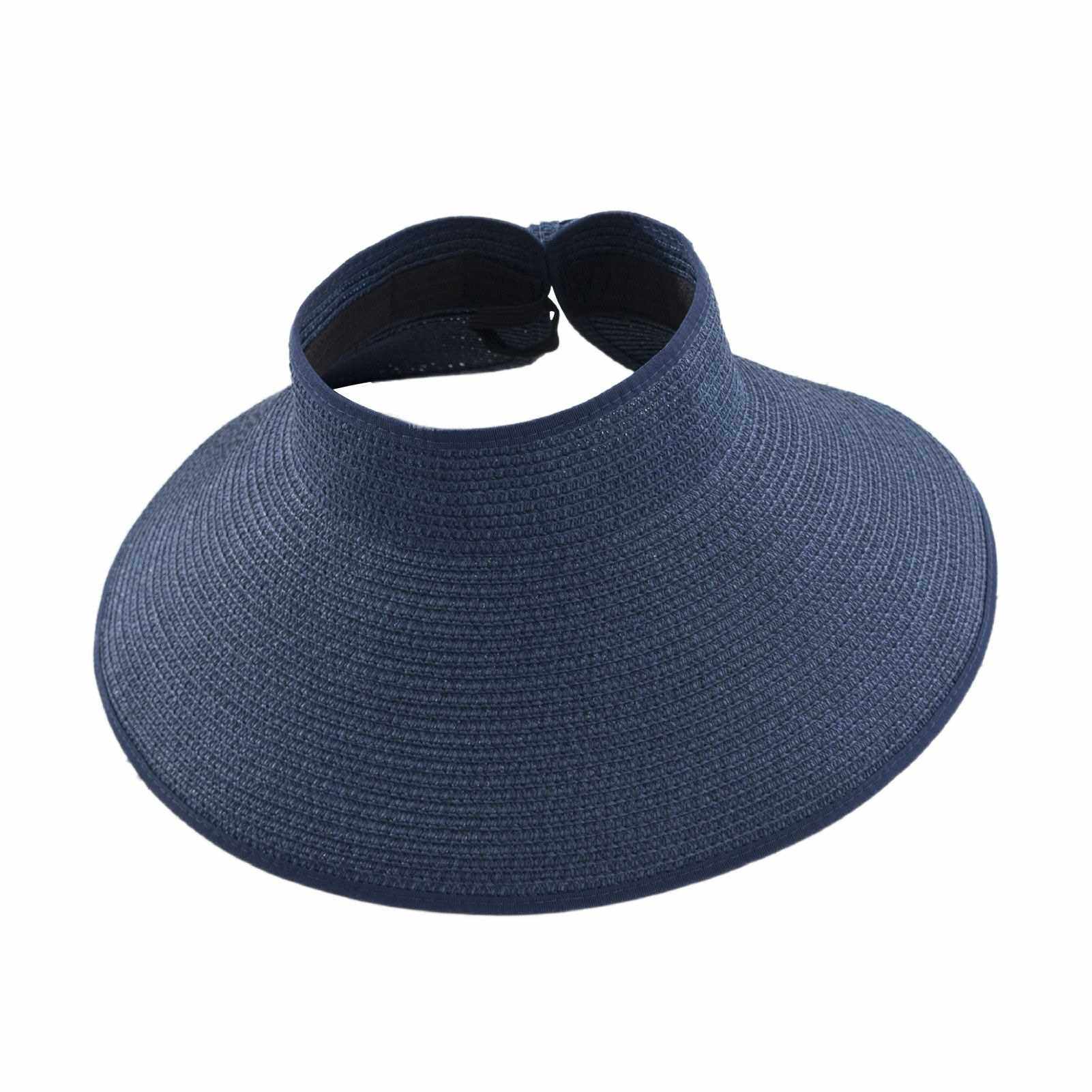 BEST SELLER Women Sun Hat Wide Brim Packable Adjustable Roll-up Straw Visor with Bowknot Beach Cap for Hiking Camping (Dark Blue)