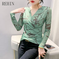REHIN V-Neck Ruched Long Sleeve T-shirt Color Block Spring/Autumn Slim Fit Blouse Elegant Womens Top