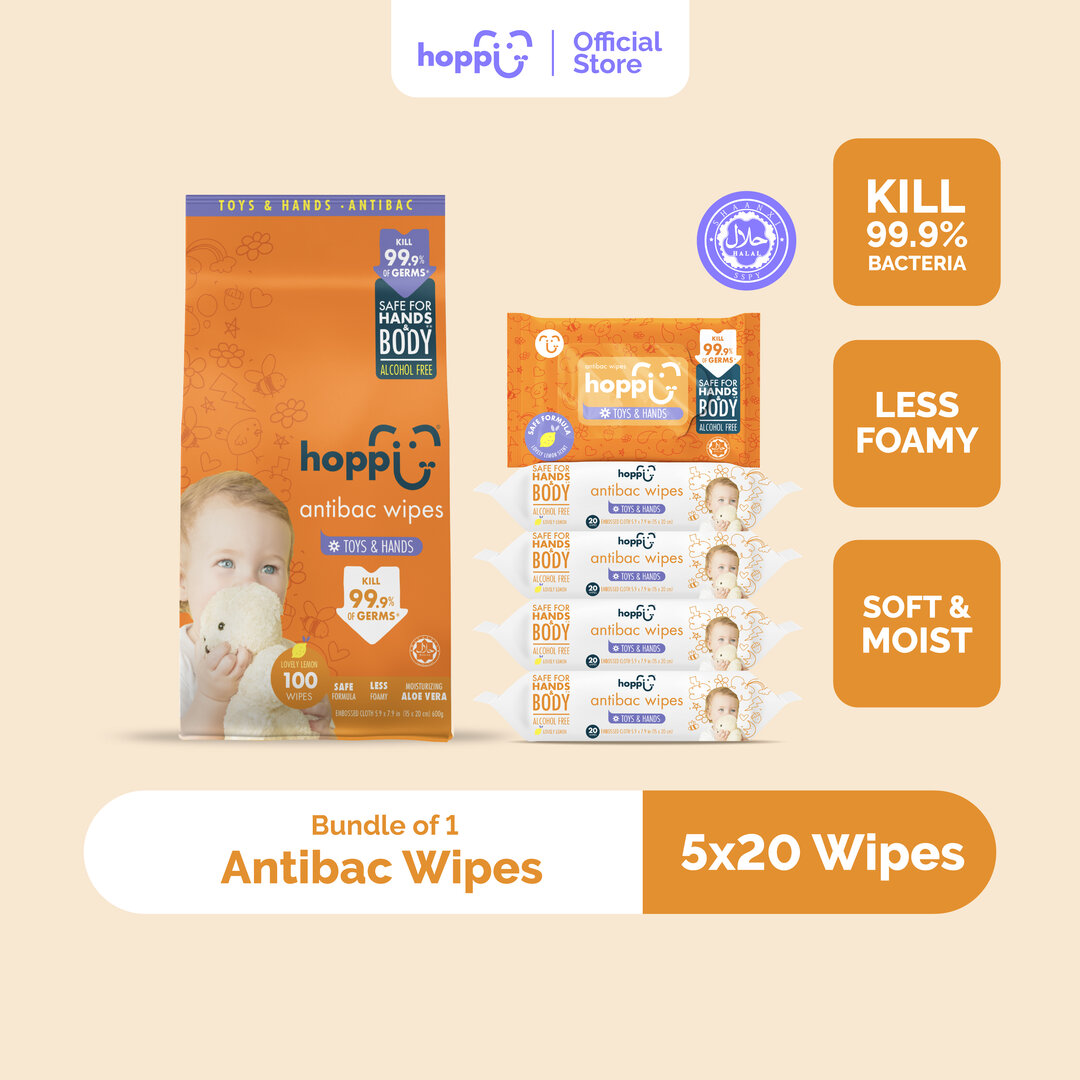 [Upgraded Formula] Hoppi Premium Baby Antibacterial Wipes (20 Wipes x 5 Packs)