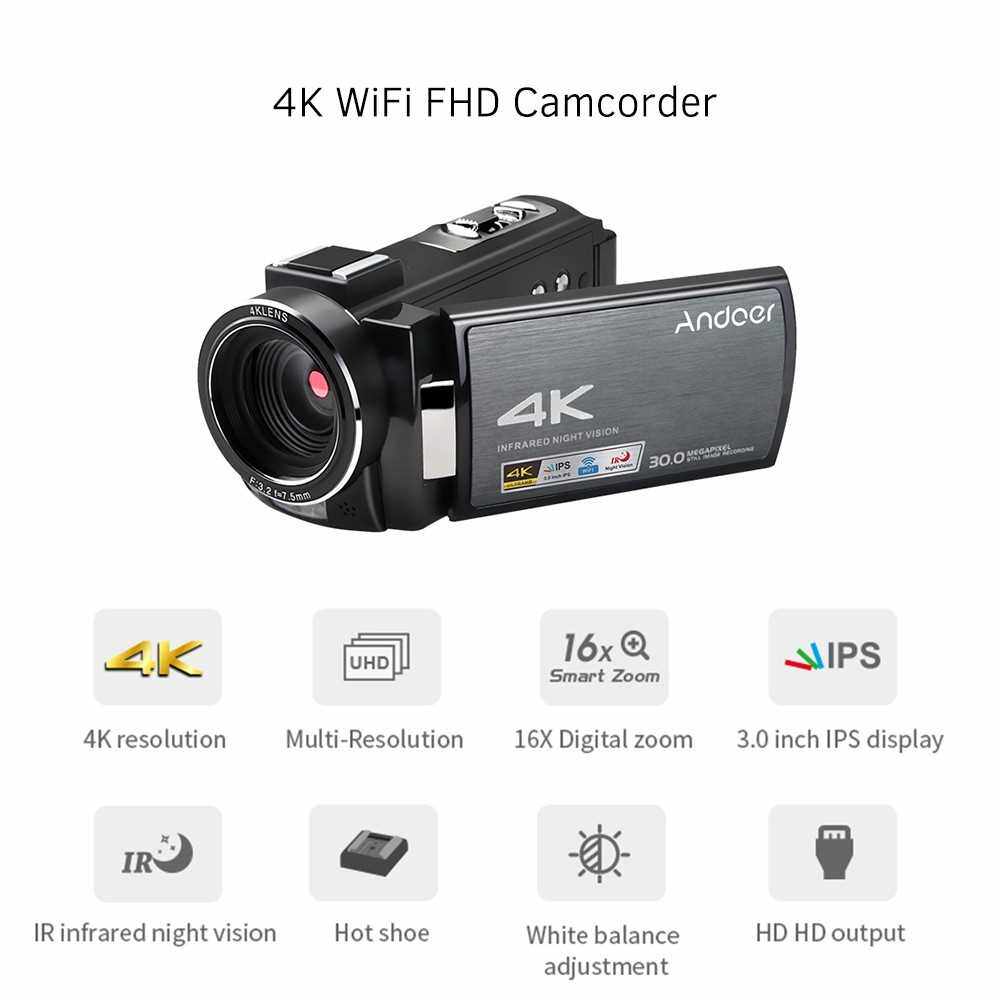 Andoer HDV-AE8 4K WiFi Digital Video Camera Camcorder DV Recorder 30MP 16X Digital Zoom IR Night Vision 3 Inch IPS LCD Touchscreen with 2pcs Rechargeable Batteries + Extra 0.39X Wide Angle Lens + External Microphone + Lens Hood (Standard)