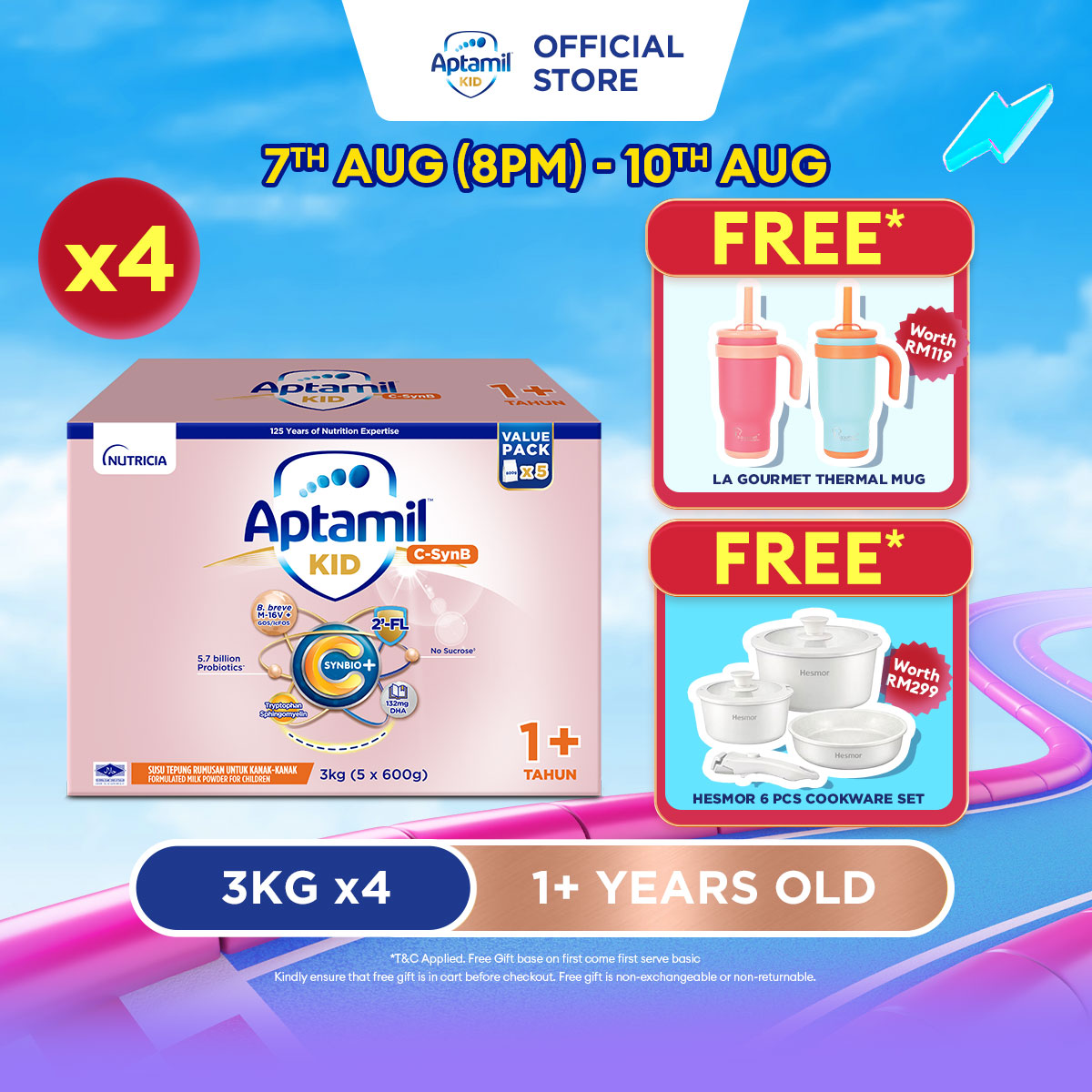 Aptamil KID C-SynB Growing Up Formula - 1+ Years 3KG X 4 (Susu Milk Powder 奶粉)