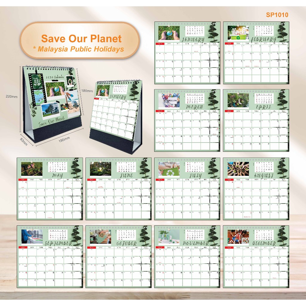 2026 Table Desk Calendar Malaysia Public Holiday Islamic & Chinese lunar date Hard line master stand 19cm(W) x 18cm(H)