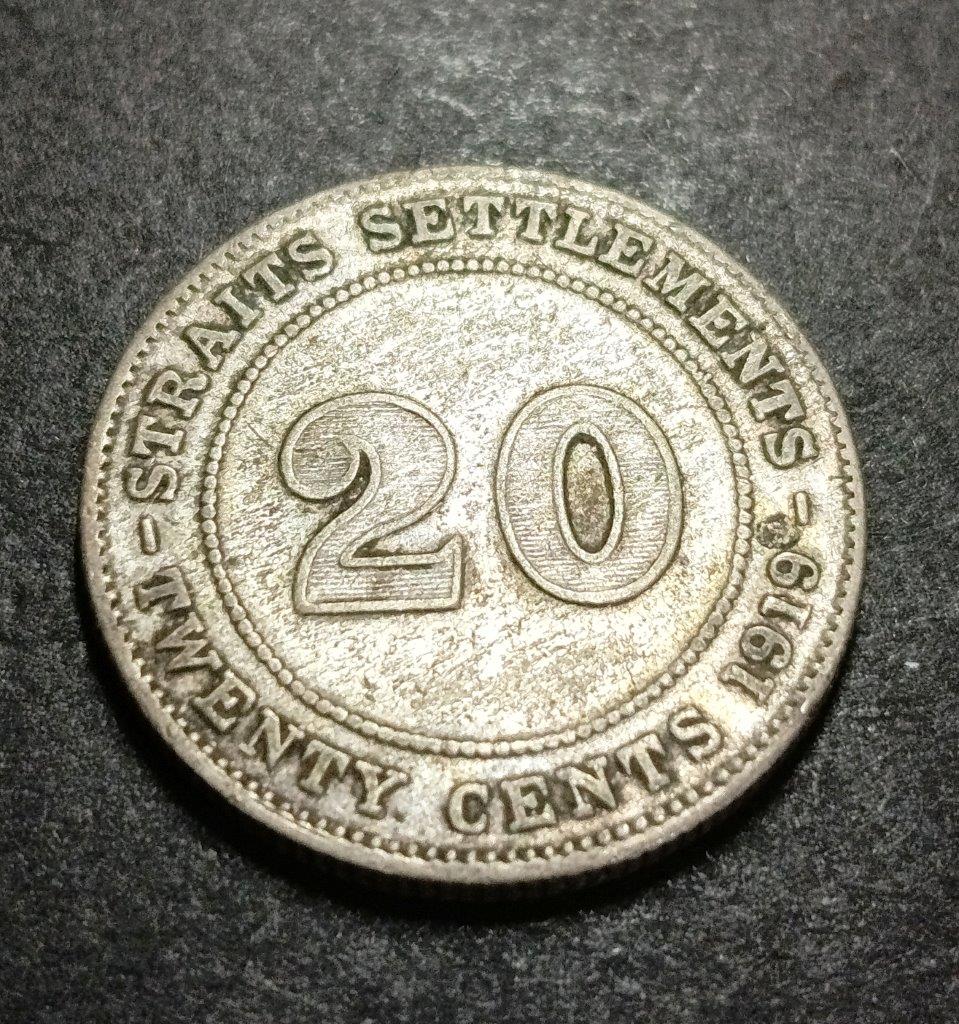 Straits Settlements British Borneo King George V Silver Coin 20 Cents Year 1919 (Semi Keydate)