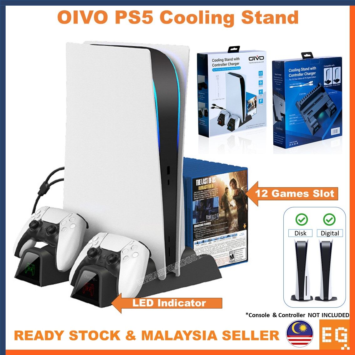 OIVO PS5 Cooling Stand With LED Indicator Dual PS5 Controller Charger For Disk & Digital Edition IV-P5235B