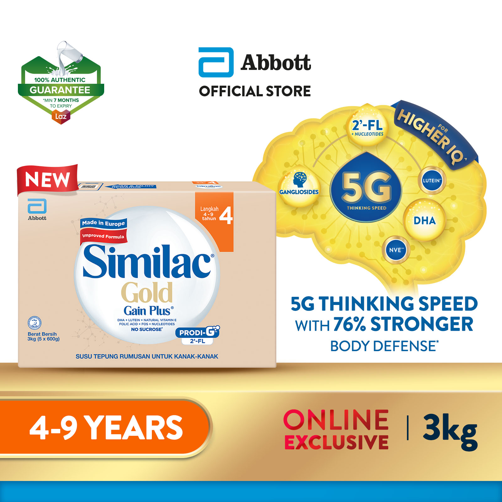 Similac Gold Gain Plus Step 4 Milk Formula 3kg (Growing Up Milk for Faster Learning)