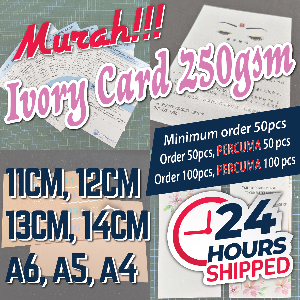 [Min. Order 50PCS] Custom Print 250gsm Ivory Card | Leaflet | Flyer | Invitation Card | Thank you Card | A6 | A5 | A4
