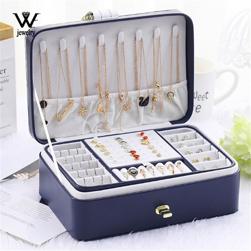 {Love ornament} WE New Large Two Layer Jewelry Organizer Box with 56 Stud Jacks Smooth Leather Jewelry Storage Case Display Holder with Lock