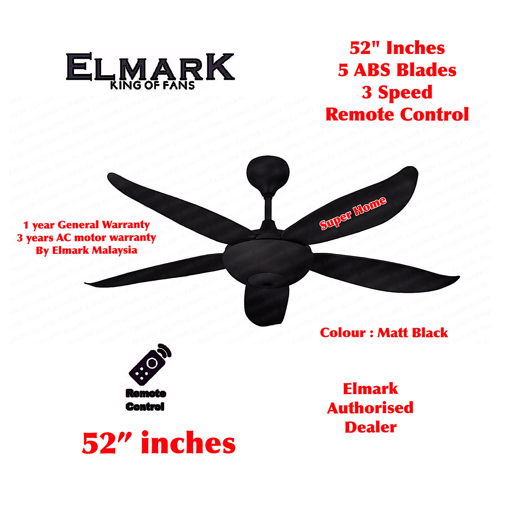 [Limited Stock] Elmark KL101 ABS Blade AC Motor 52 inch Ceiling Fan with Remote Control (5 blades) - Matt Black