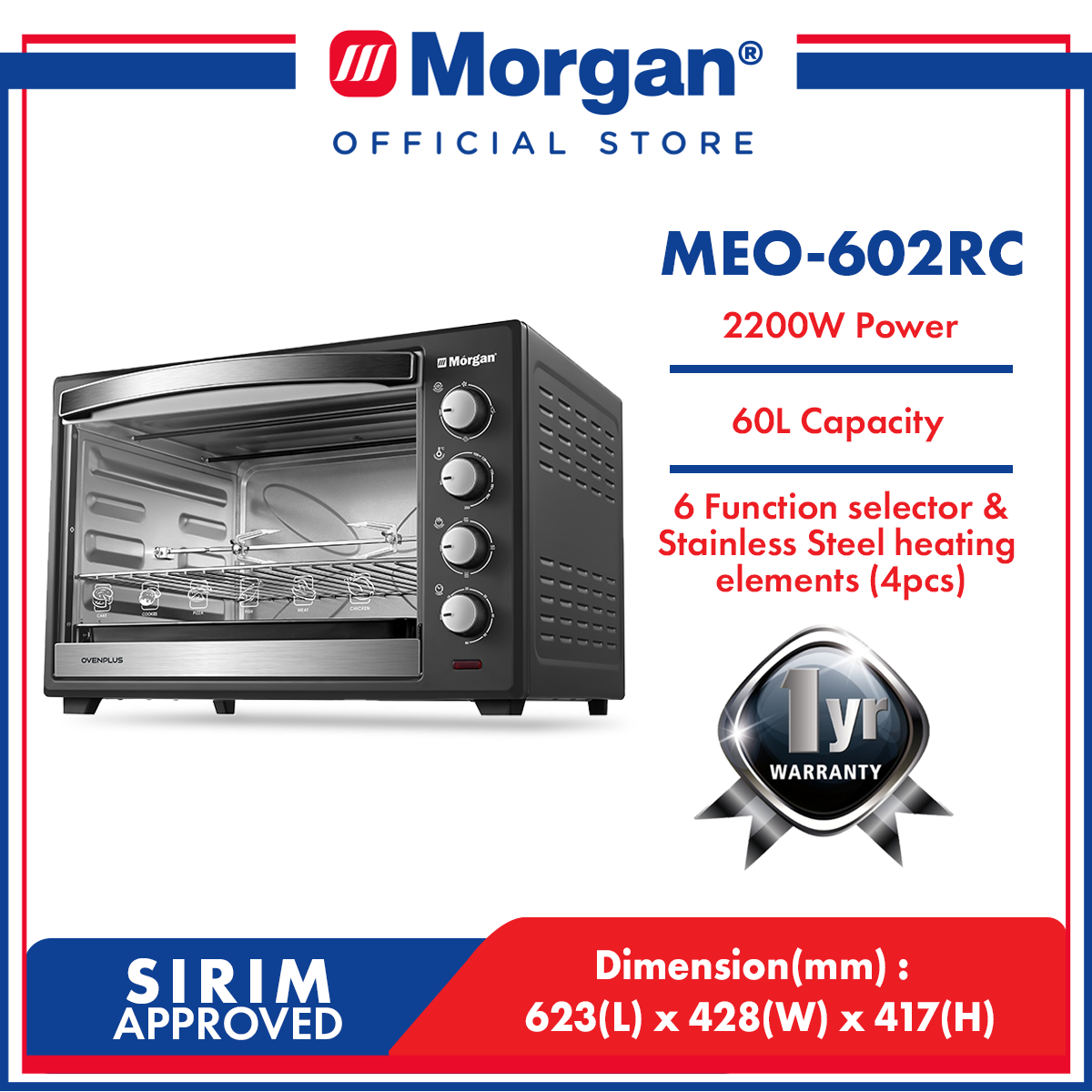 MORGAN MEO-602RC ELECTRIC OVEN 60L ROTISSERIE CONVECTION FUNCTION