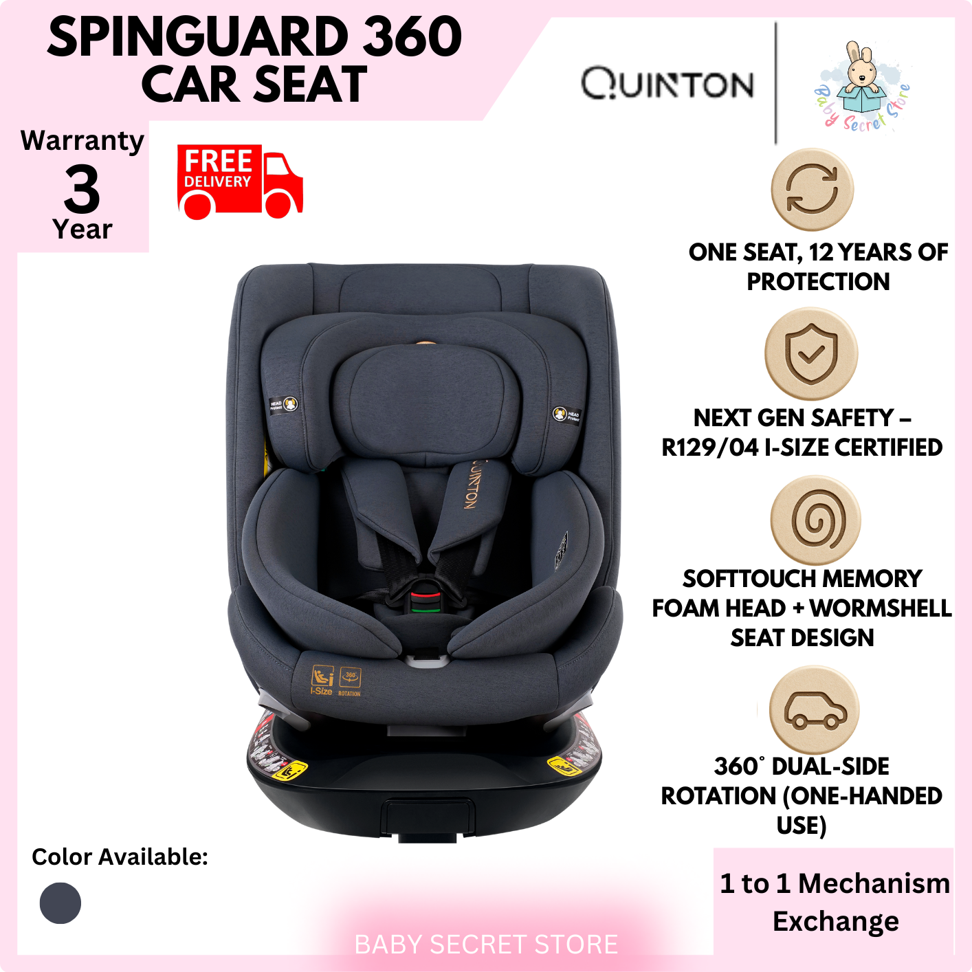 (FREE SHIPPING) Quinton SpinGuard 360 R129 Car Seat (Newborn to 12years old)