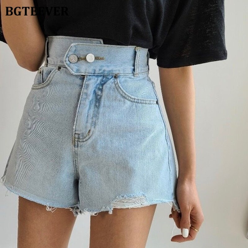 【Casual】 BGTEEVER High Waist Double Button Jeans Shorts for Women 2021 New Summer Chic Ripped Edge Female Denim Shorts Casual Bottoms Casual