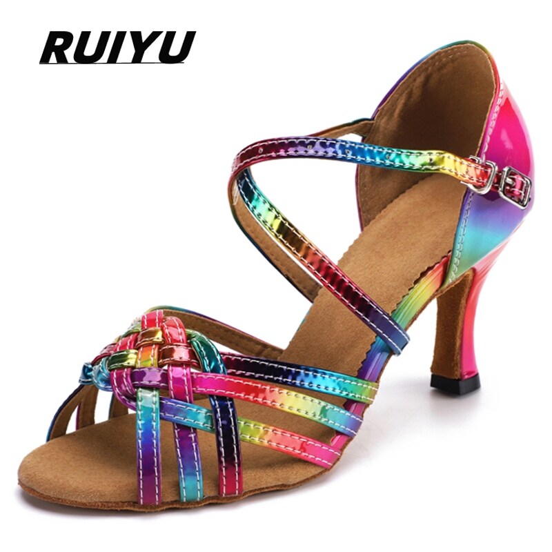 [Latin fan] Summer Latin Dance Shoes Women 39;sTango Ballroom PartyHigh Heels ColorfulSatin Women 39;s Sandals Dresses