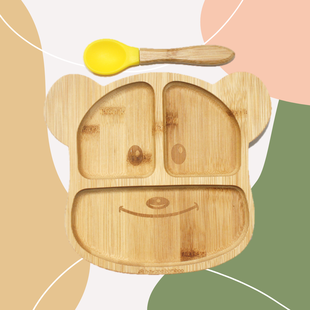 READY STOCK Bear Wooden Bamboo Silicone Suction Plate Baby Led Weaning Feeding Plate with Spoon