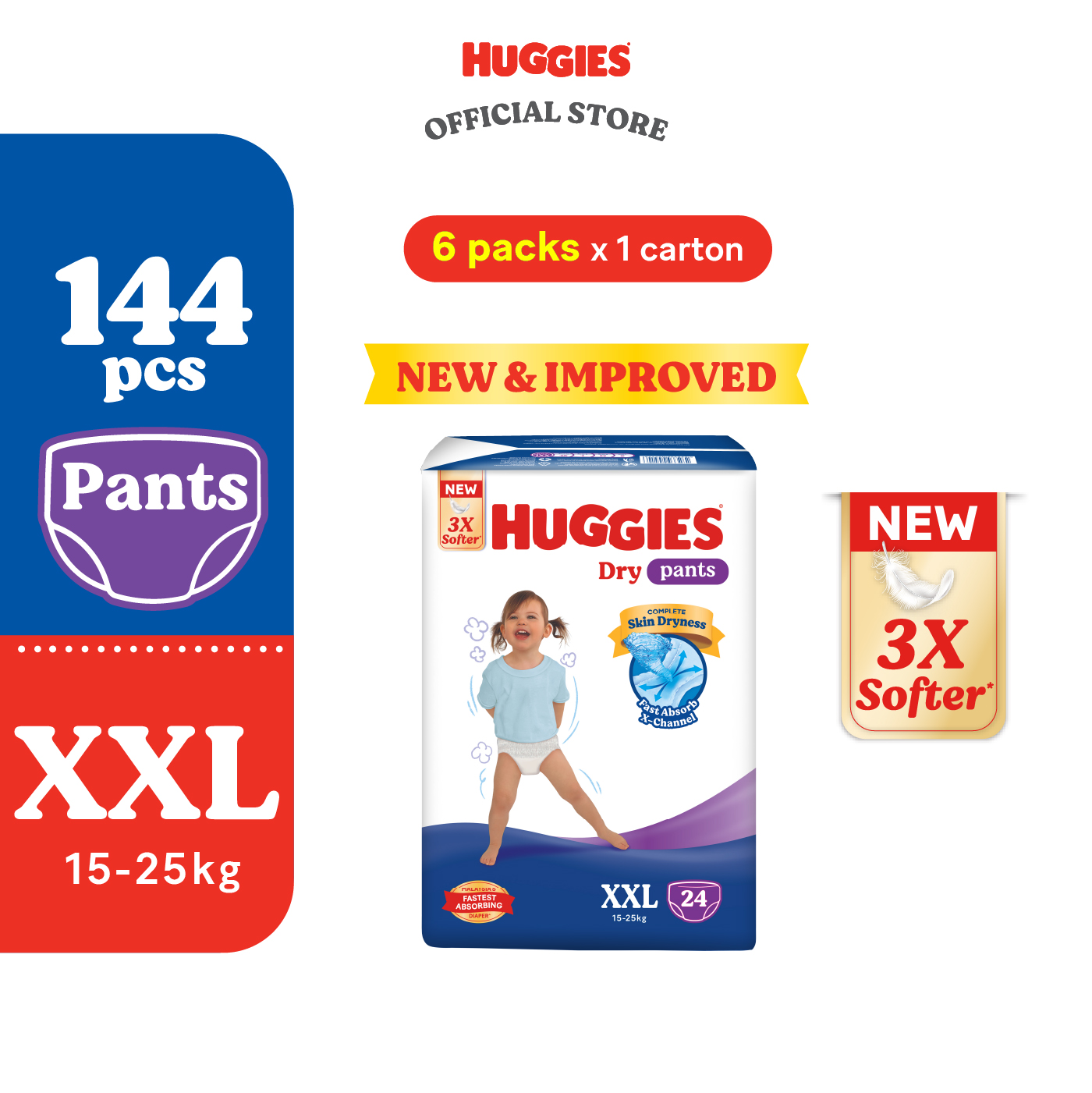 Huggies Dry Pants Diapers M42/L34/XL40/XXL24 (6 Packs) - Fastest Absorbing Baby Diaper