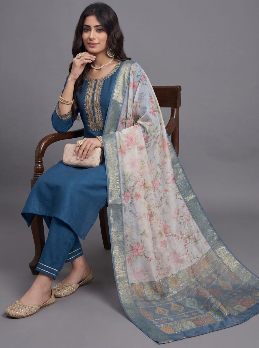 Traditional Wear Slub Cotton Hand Work Kurti Pant And Dupatta For Womens