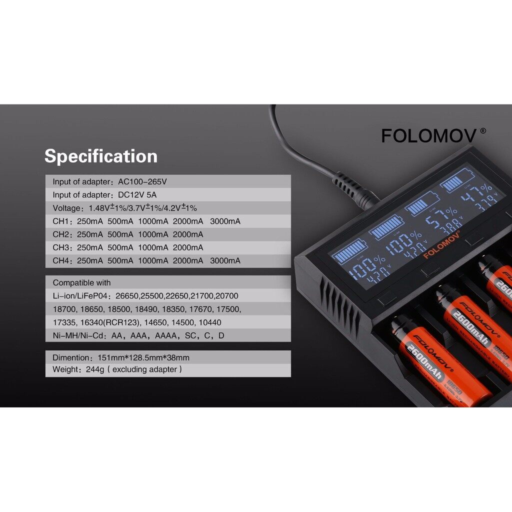 FOLOMOV Battery Charger A4 High Current Quick Charge Intelligent Quality Outdoor Gear