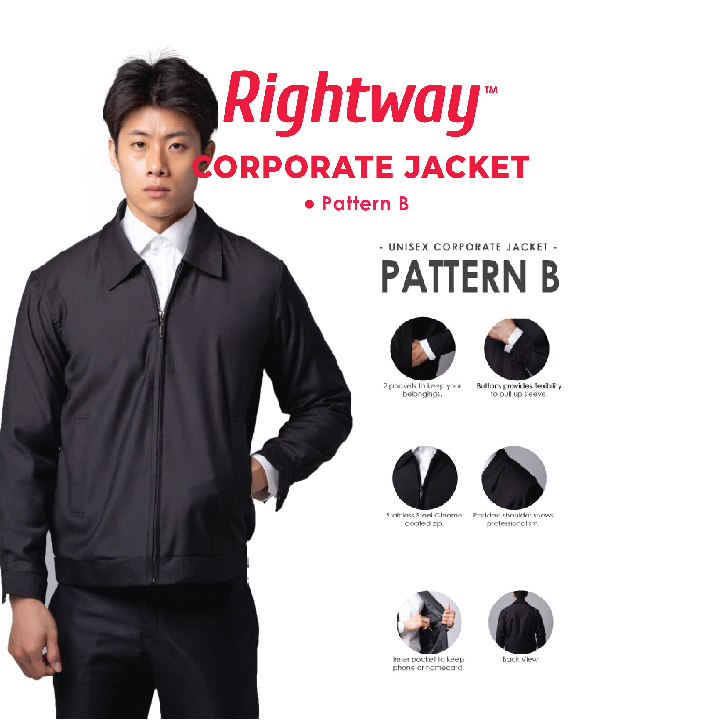 Rightway Pattern B Unisex Executive Jacket Bomber Office Jacket - Black All Size Available From XS-4XL