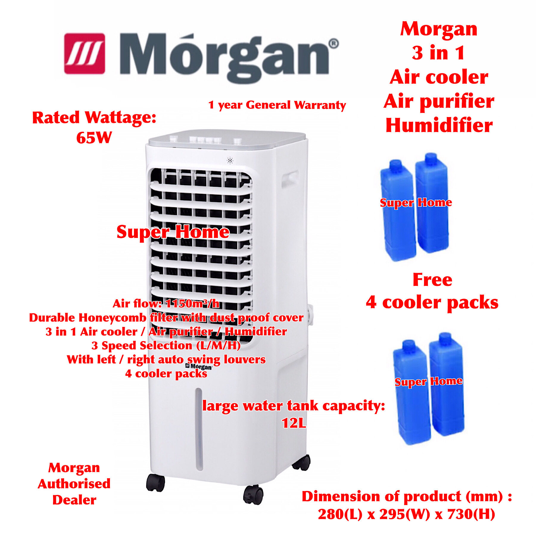 Morgan Air Coller MAC-CX12 (12L) - 3 in 1 Air cooler with Air purifier with Humidifier - Free 4 cooler packs