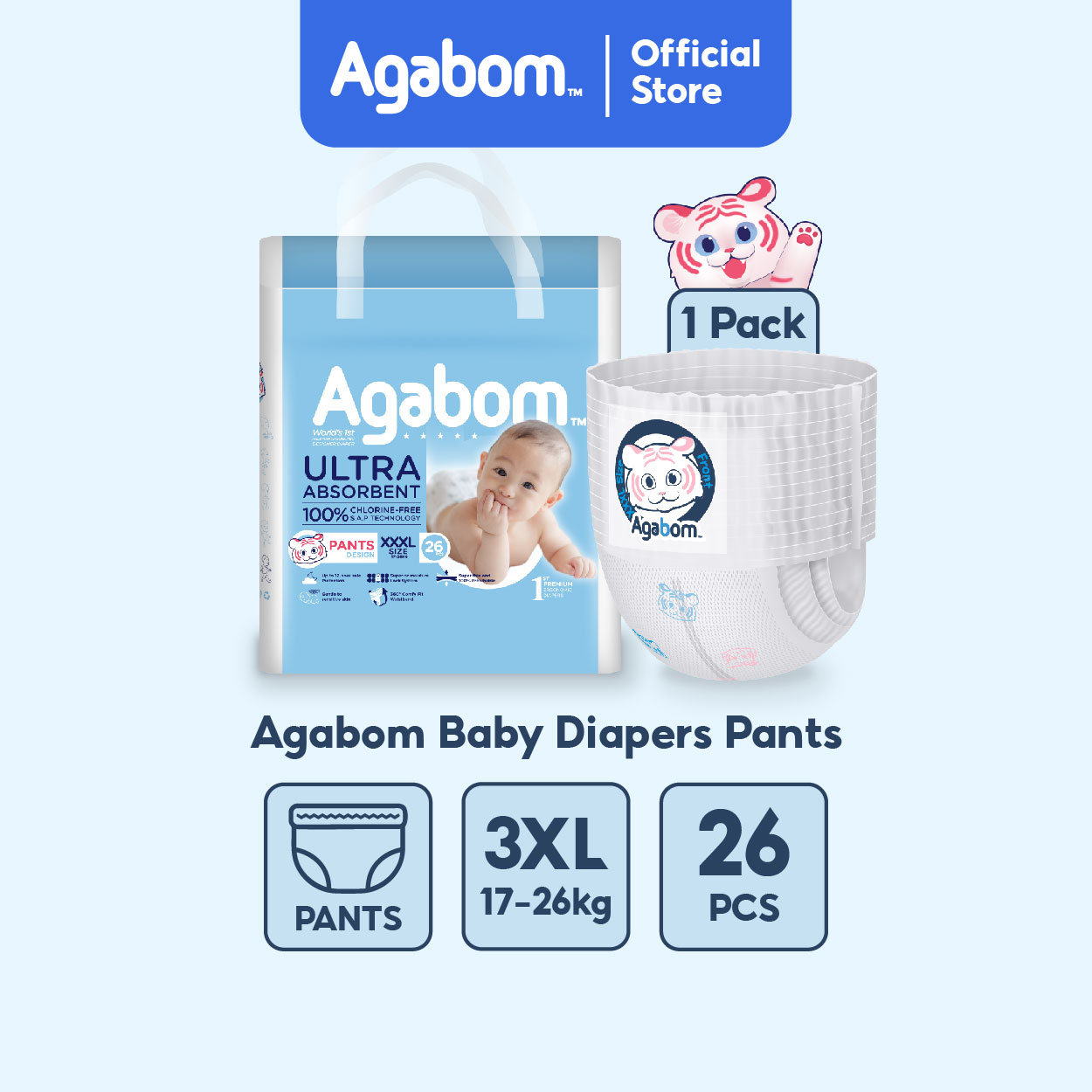AGABOM Premium Baby Diapers Pull-Up Pants L-XXXL 100% SAP Ultra-Thin Single Pack