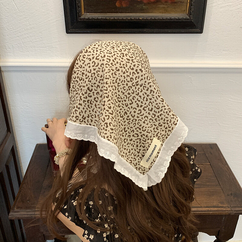 Retro Spice Girls Leopard Print Headscarf Dual Use Satin Thin Edge Scarves Leopard Print Turban Hair Scarf Hair Accessories - 2