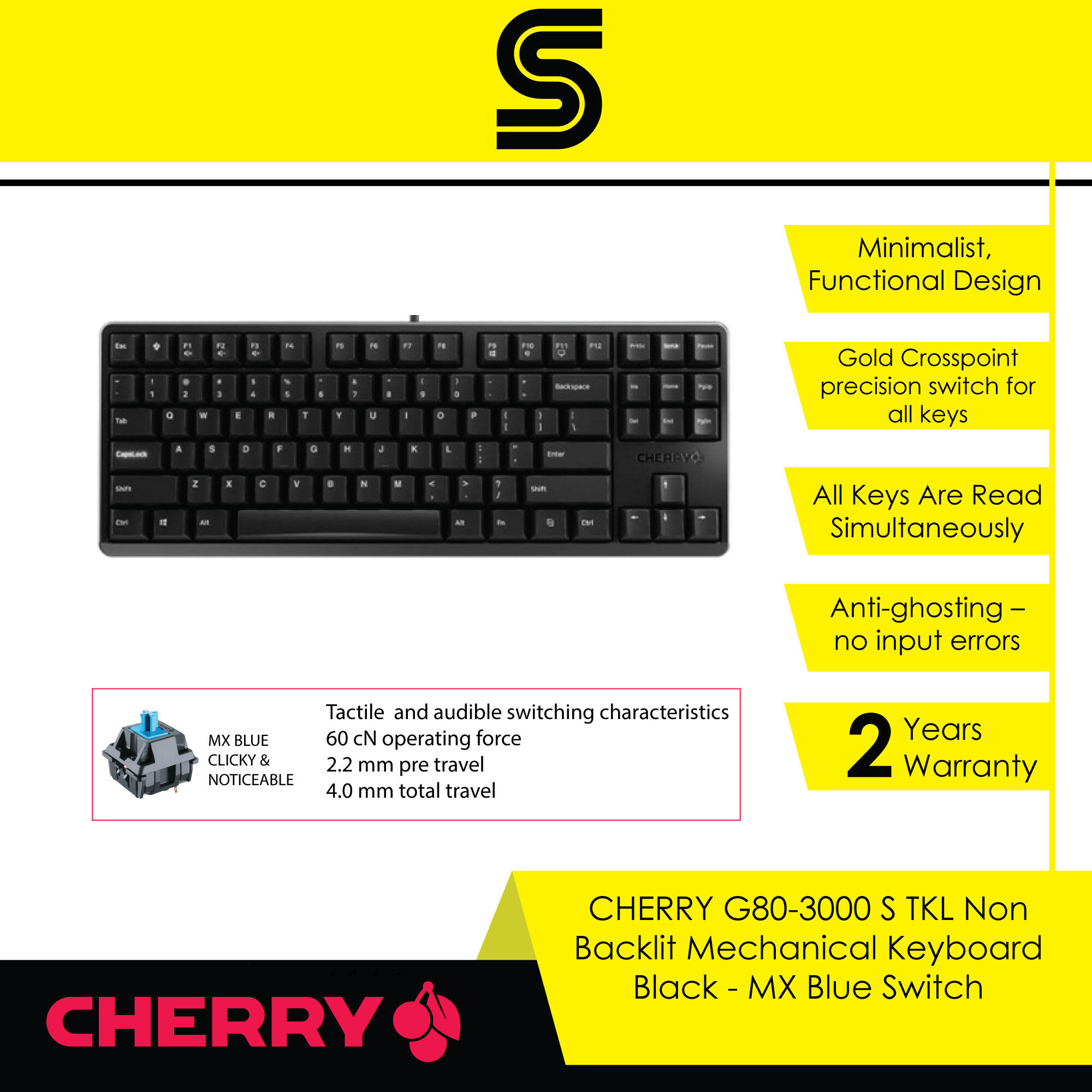 CHERRY G80-3000 S TKL Non Backlit Mechanical Keyboard - Black/White - MX Blue/MX Red/MX Brown/MX Silent Red