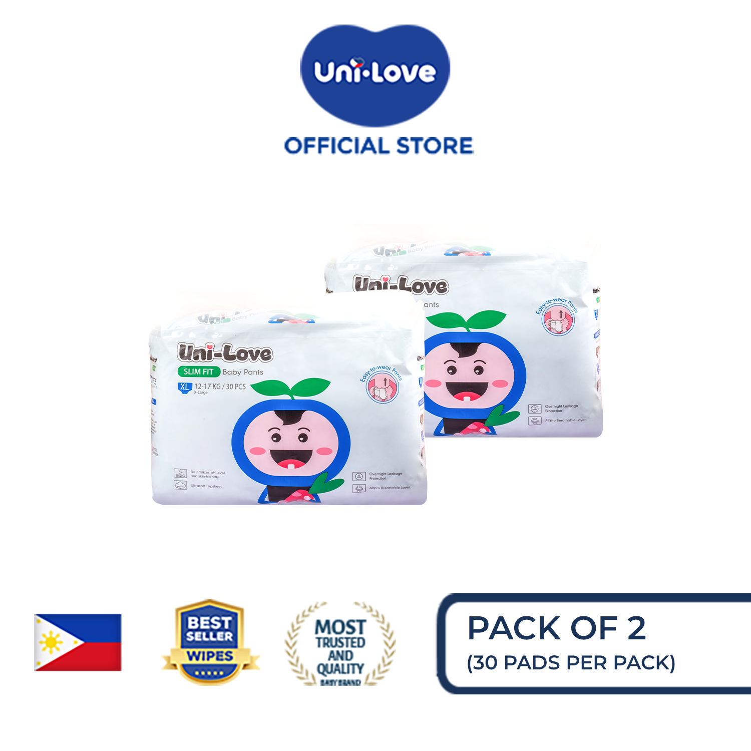 UniLove Slim Fit Baby Pants 30s (X-Large) Pack of 2 - Hypoallergenic | Super Absorbent | Ultrasoft | Neutralizes PH Level | Double Leakguard | Pants type | Breathable
