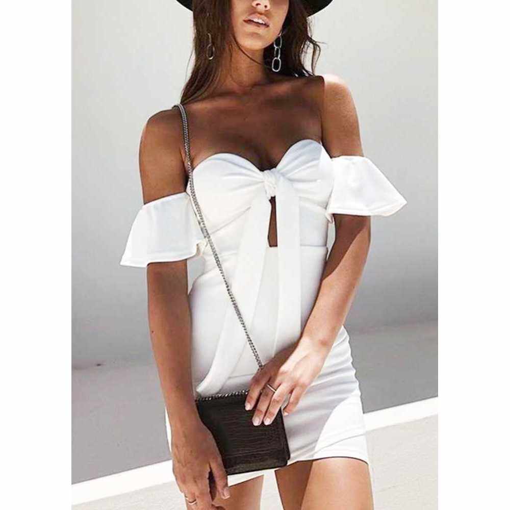 Off the Shoulder Bow Knot Ruched Short Sleeve Bandage Bodycon Mini Dress (White)