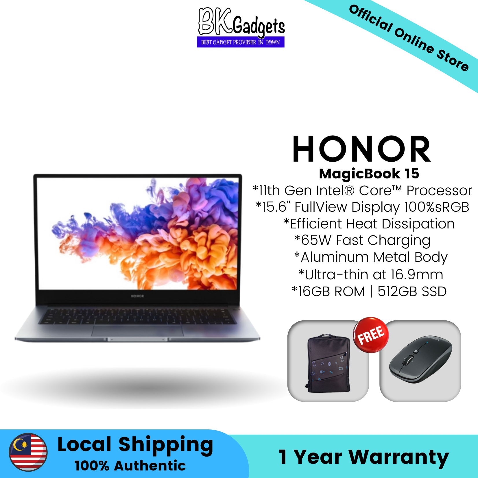 Honor MagicBook 15 (16GB + 512GB) - 11th Gen Intel Core Processor | 65W Fast Charging | Ultra-Thin at 16.9mm
