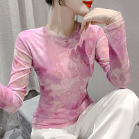 REHIN Womens top 2023 Autumn New Arrival European style Fashion mesh printed long-sleeved round neck T-shirt slimming base shirt