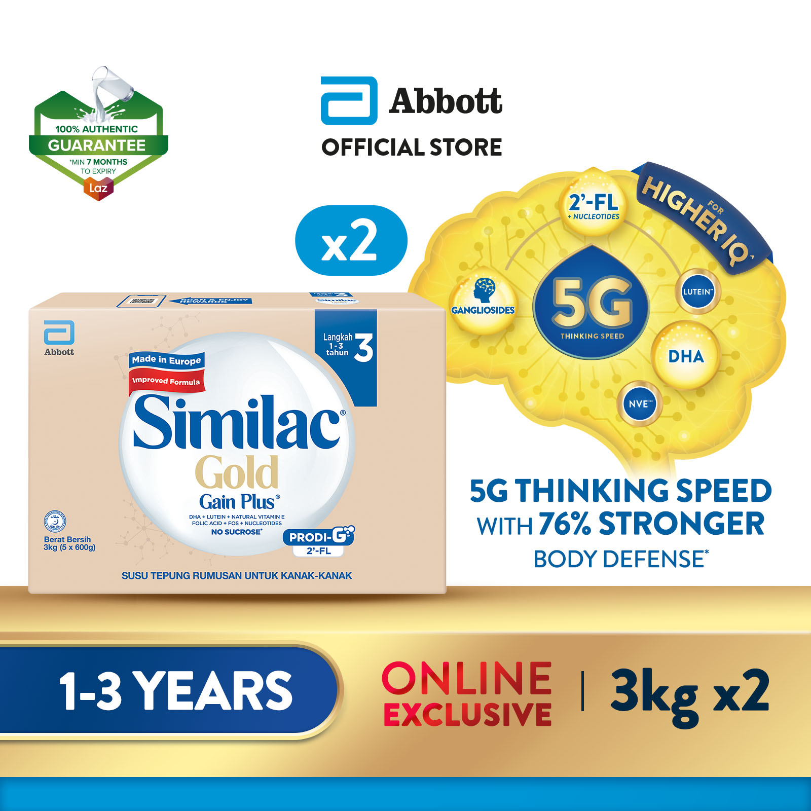 Similac Gold Gain Plus Step 3 Milk Formula 3kg x2 BIB Growing Up Milk for Faster Learning)