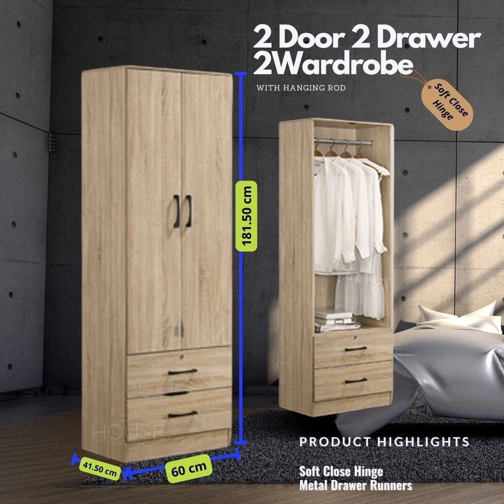 MYHOUSE Furniture 2 Door Wardrobe Clothes Cabinet with Hanging Rod 2 Drawer Almari Baju murah 衣橱 Oak Color Ready Stock Bedroom Furniture 2 Door 2 Drawer Wardrobe Clothes Bilik Tidur Rak Baju 2 Pintu 2 Laci Light Brown Color Storage Cabinet