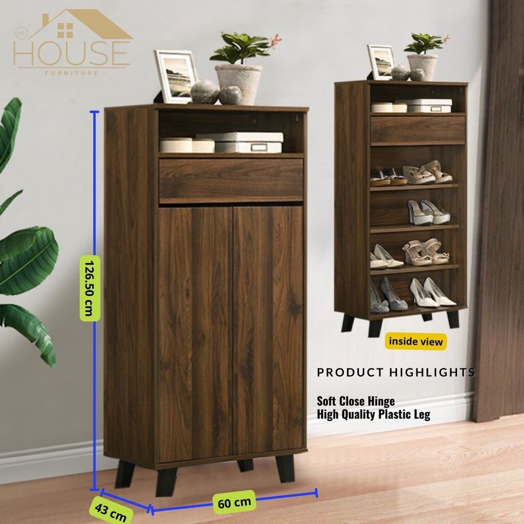 MYHOUSE Furniture Wooden Shoe Cabinet Modern 2 Door Kayu Rak Kasut Almari Kasut Kabinet bertutup Cupboard Shoes Cabinet 5 Tier with Open Storage plastic leg Storage Cabinet Organizer