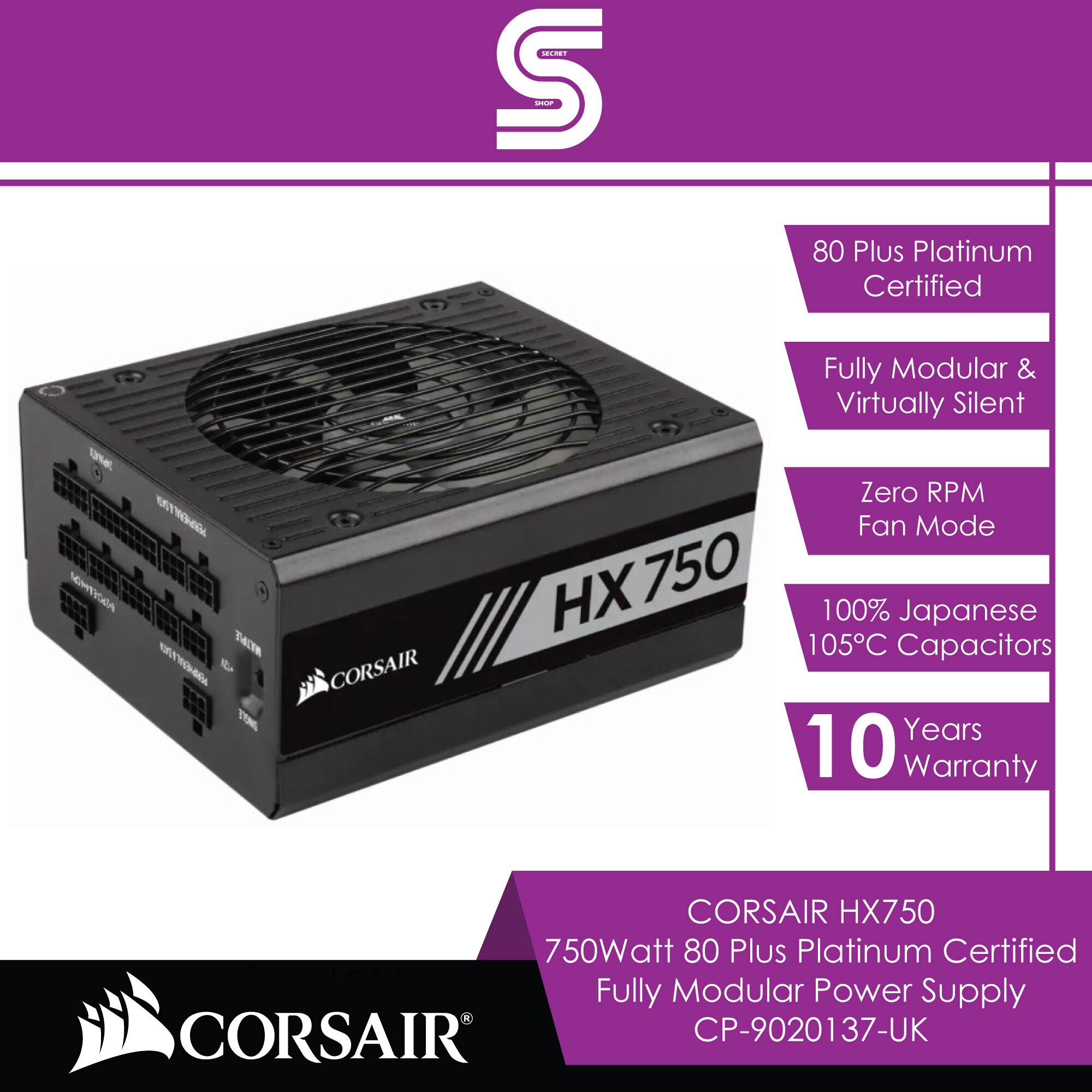 CORSAIR HX750 750Watt 80 Plus Platinum Certified Fully Modular Power Supply - CP-9020137-UK