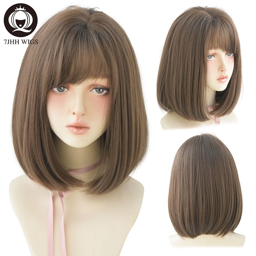{Meimei decoration}7JHH WIGS Omber Brown Wigs With Side Bangs For Girl Bob Straight Hair Fashion Noble Heat Resistant Synthetic Women