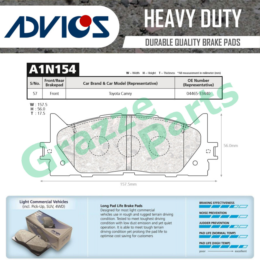 Advics Aisin Heavy Duty Disc Brake Pad Front A1N154Y for Toyota Camry ...