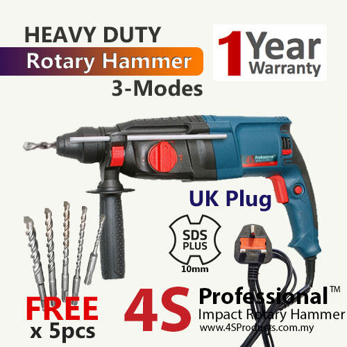 4S Professional™ S1118 SDS Plus Impact Rotary Hammer Drill + 5pcs Drill / Chisel Bits (1 Year Warranty)