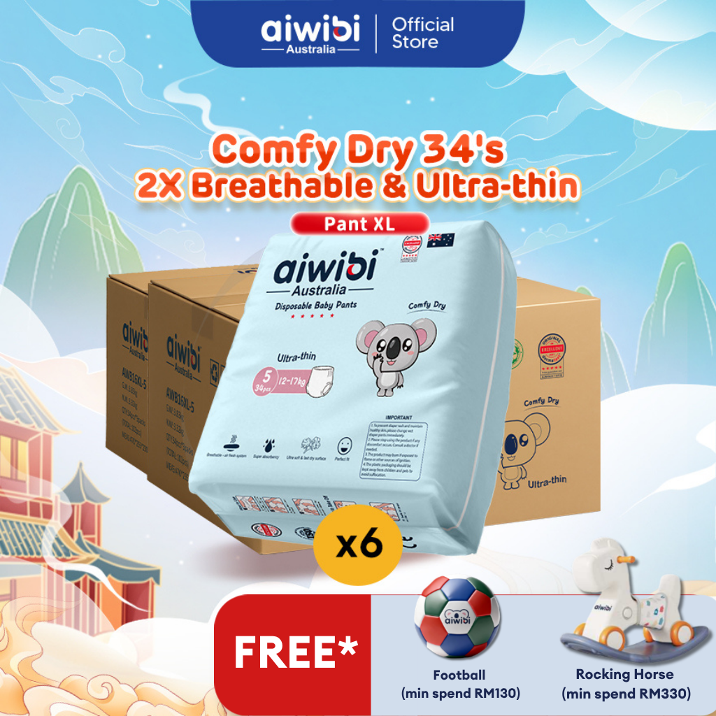 [Bundle of 6] Aiwibi Baby Diapers Comfy Dry 34s (Pant XL)(Lampin Bayi 6 pek)