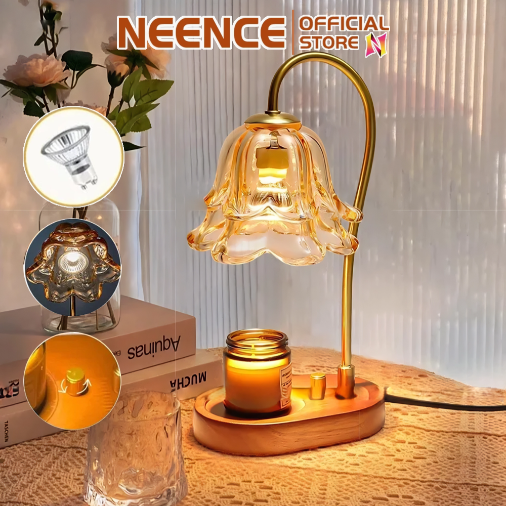 NEENCE Retro Aromatherapy Candle Warmer Lamp with Stepless Dimmable Light Candle Diffuser Candle Burner Lamp Scented Candle for Lamp Warmer Electric Candle Light Candle Warmer Nordic Wax Melt Warmer Wood Base Desk Bedroom Bedside Lamp Night Light