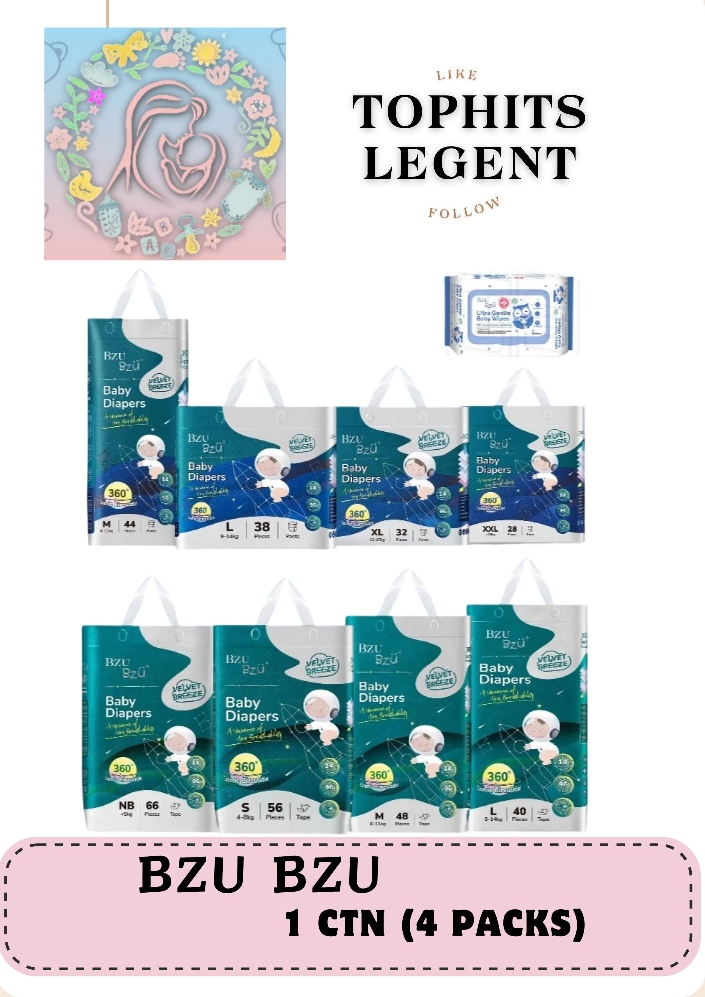 [Carton Sales ]BZU BZU Baby Diapers Velvet Breeze ( Tape ) ( Pants ) + FREE ( Wipes 80s )
