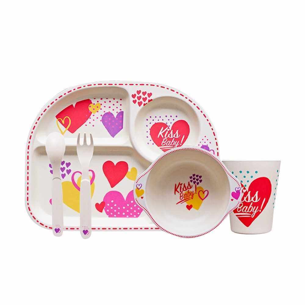 5 Piece Kids Dinnerware Set Bamboo Fiber Safe & Eco-friendly Cartoon Plate Bowl Cup Fork Spoon Kit Dishwasher Clean for Baby Toddlers Children (Red)