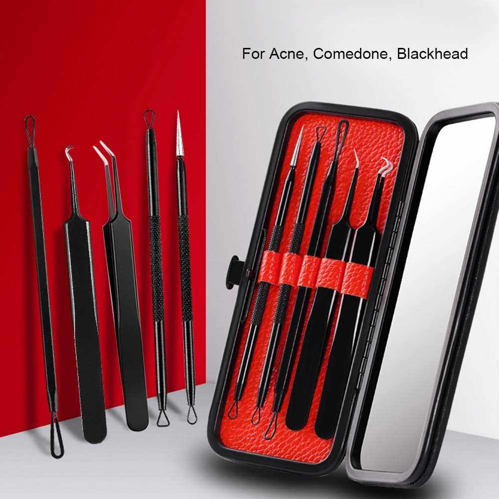 People's Choice Stainless Steel Pimple Extractor Tool Set Blackhead Remover Comedone Extractor 5PCS Acne Tool Removal Kit (Black)