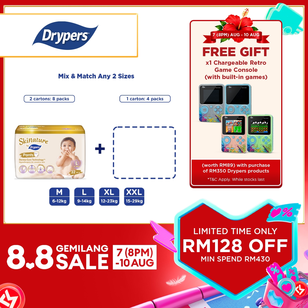 Skinature Pants by Drypers Baby Diapers M38/ L32/ XL26/ XXL22 (12 Packs) - Super Soft & Allergen-free
