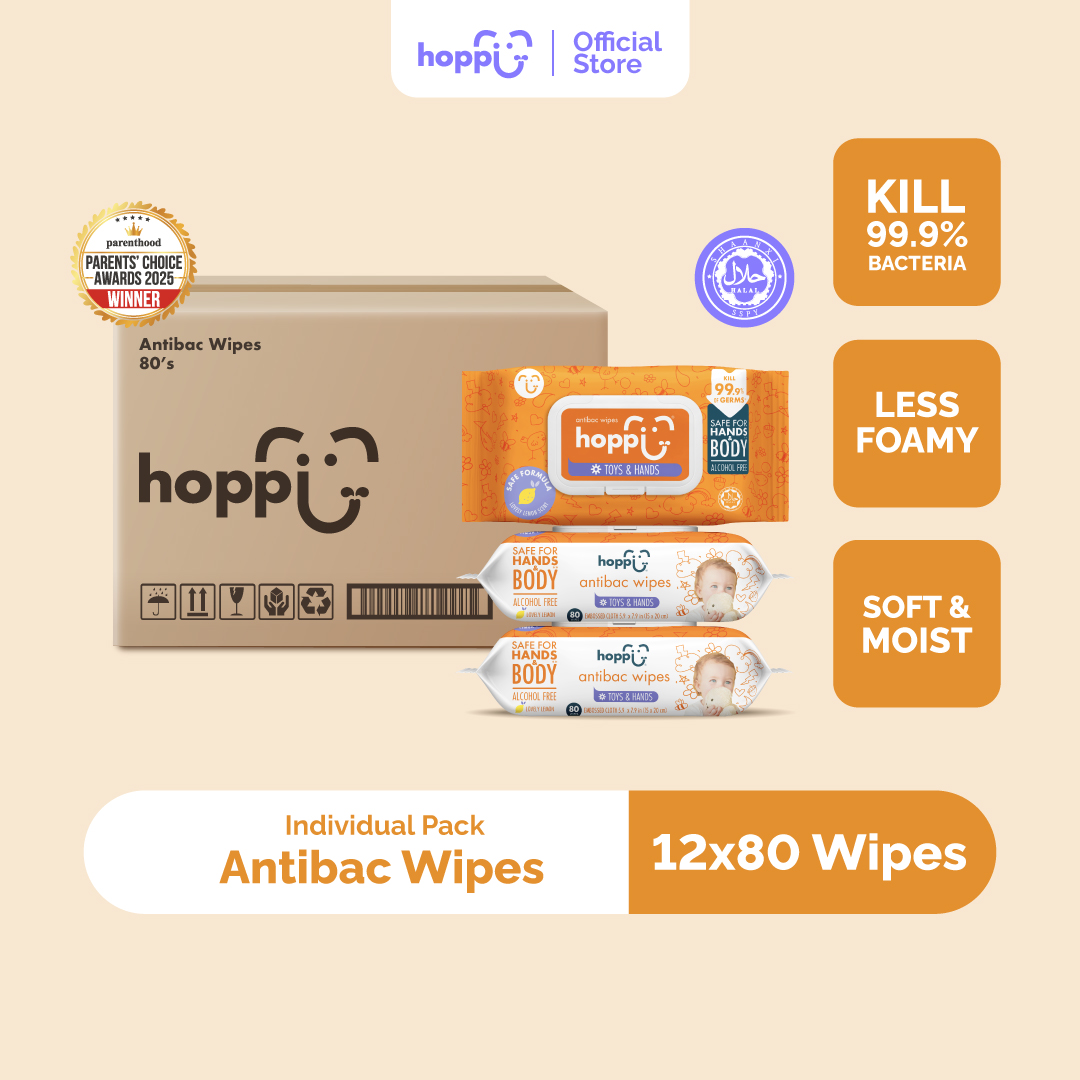 [Upgraded Formula] (CARTON) Hoppi Premium Baby Antibacterial Wipes (80 Wipes x 12 Packs)