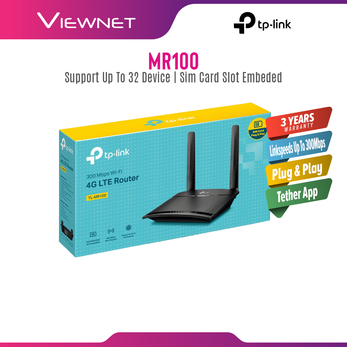 TP-Link ARCHER TL-MR100 Wireless 4G LTE WiFi SIM Router, 300MBPS, (Support Digi/Maxis/Celcom/YES/Umobile/UNIFI) MR100