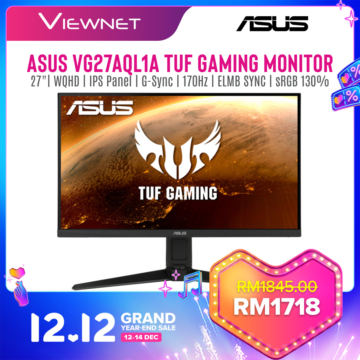 Asus TUF Gaming VG27AQL1A G-SYNC Compatible Gaming Monitor –27 inch WQHD (2560x1440), IPS,170Hz (above 144Hz), ELMB SYNC, Adaptive-sync, G-Sync compatible ready, 1ms (MPRT), 130 % sRGB, HDR Asus TUF Gaming VG27AQL1A G-SYNC Compatible Gaming Monitor –27 inch WQHD (2560x1440), IPS,170Hz (above 144Hz), ELMB SYNC, Adaptive-sync, G-Sync compatible ready, 1ms (MPRT), 130 % sRGB, HDR