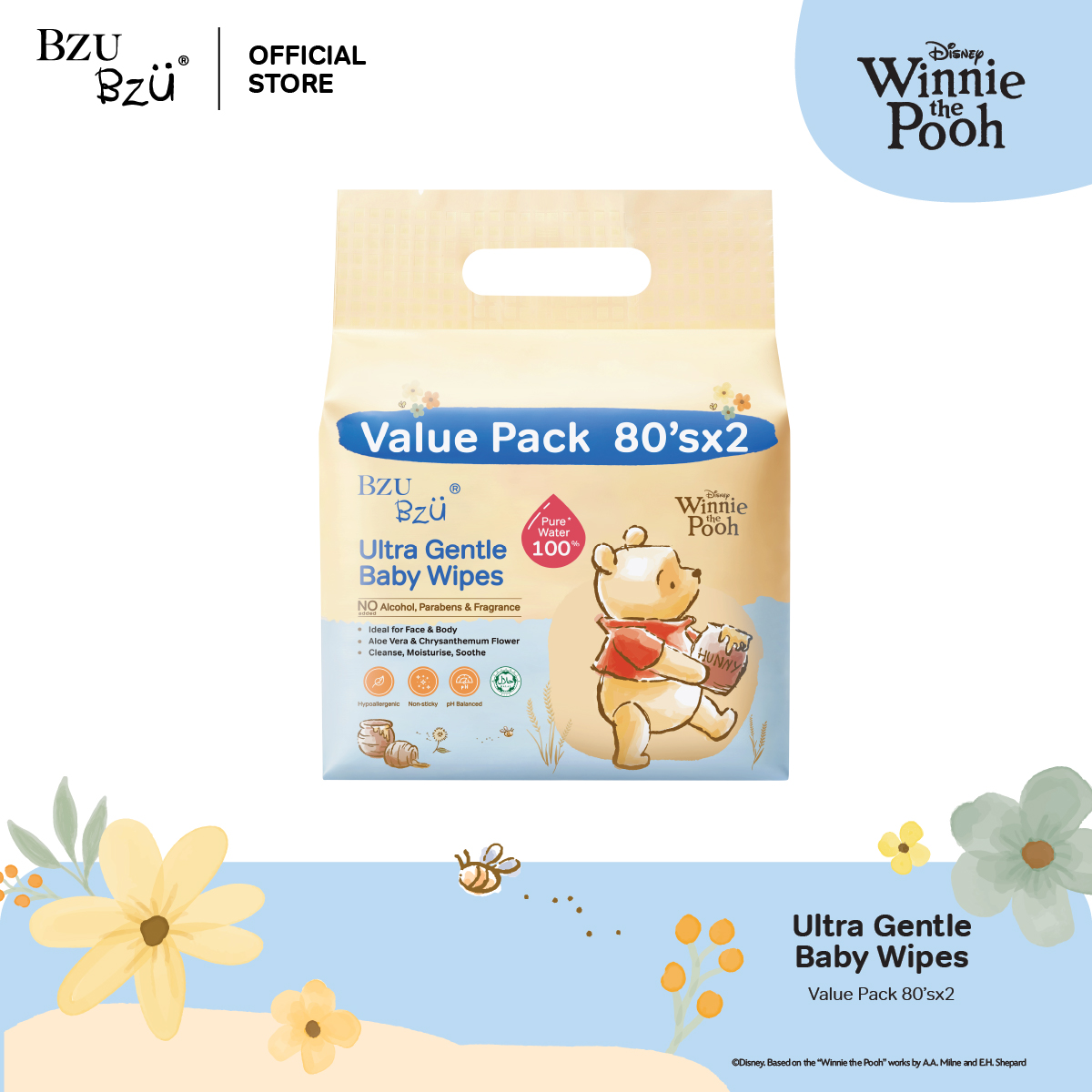 BZU BZU Winnie The Pooh Ultra Gentle Baby Wipes (80s x 2 - Value Pack)