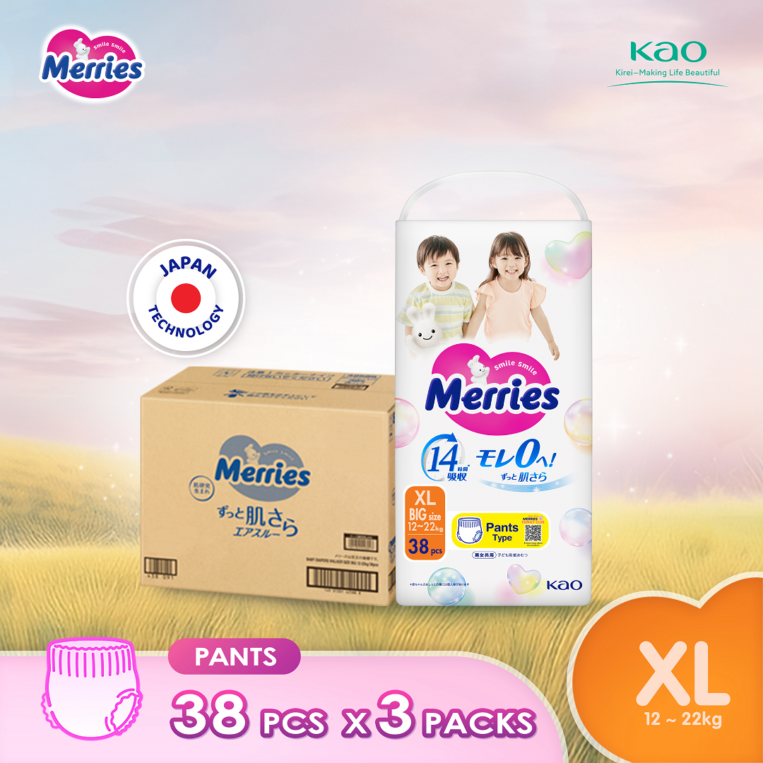 Merries Super Premium Pants Baby Diapers XL38 (3 Packs) (12 - 22kg) – Soft breathable and absorbent diapers for baby