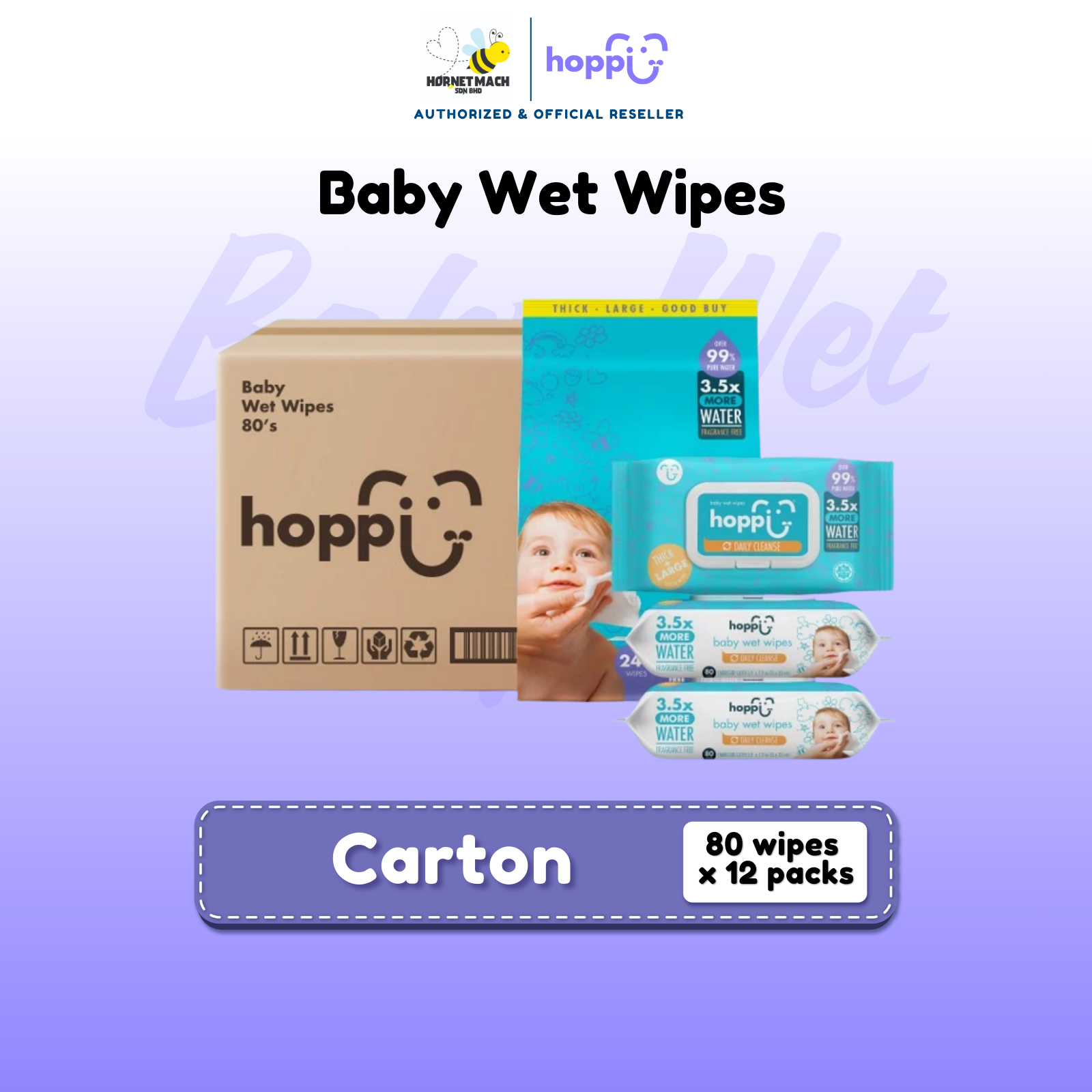 [CARTON] Upgraded Formula Hoppi 99% Baby Wet Wipes (80 Wipes x 12 Packs)